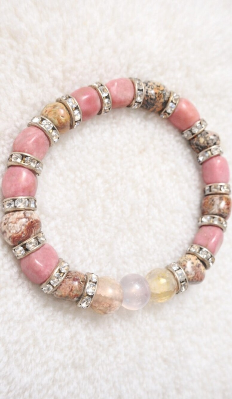 Pink Gemstone Stretch Bracelet with Crystal Rhinestone Spacers